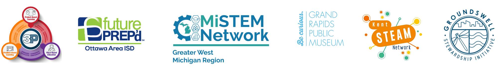 Logos of partners collaborating on this event: Muskegon 3P Learning, futurePREP'd, MiSTEM Network's Greater West Michigan Region, Grand Rapids Public Museum, Kent STEAM Network, Groundswell Stewardship Initiative